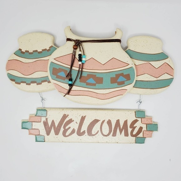 Welcome Sign Southwestern Wall Hanging Native Art Pottery Design Leather Strap - Picture 1 of 12